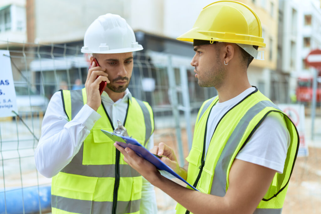 two hispanic men architects writing on document talking on smartphone at street two hispanic men architects writing on document talking on smartphone at street